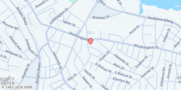 Map showing Salvation Army/Quincy Food Pantry at 6 Baxter St., Quincy, MA