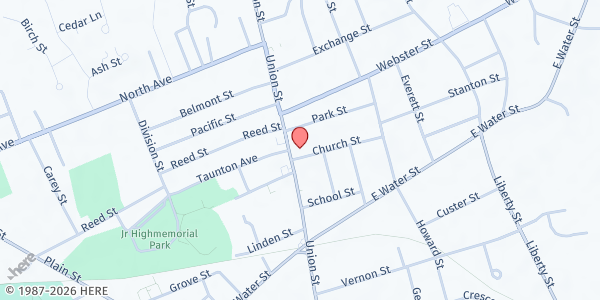 Map showing Rockland Emergency Food Pantry at 12 Church Street, Rockland, MA