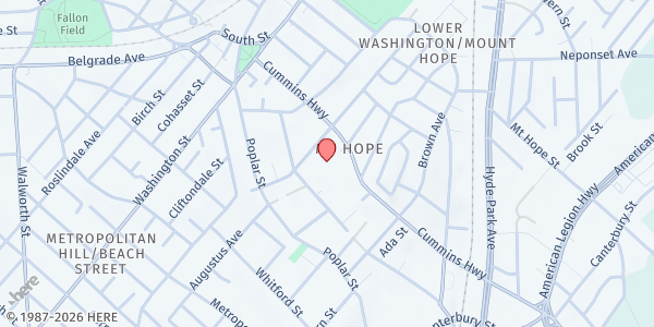 Map showing Sarah Roberts Elementary School at 105 Cummins Highway, Roslindale, MA