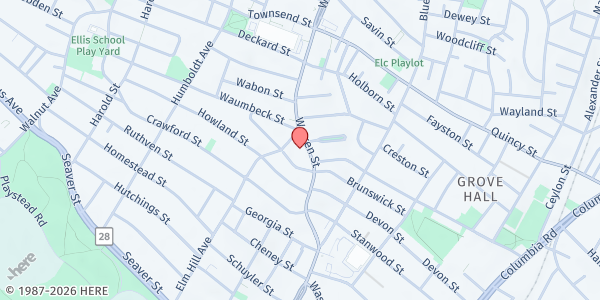 Map showing ABCD Roxbury/North Dorchester Neighborhood Opportunity Center at 565 Warren Street, Roxbury, MA