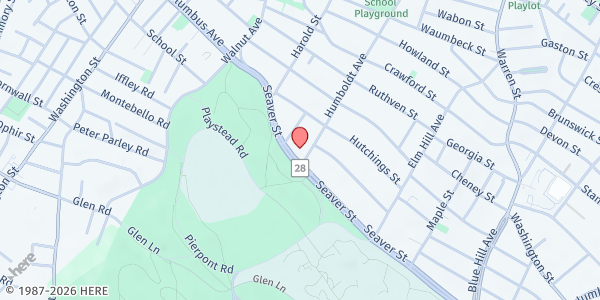 Map showing Berea Church Pantry at 108 Seaver Street, Roxbury, MA