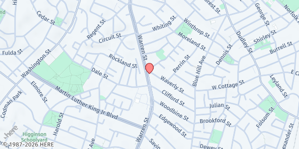 Map showing Church of God of Prophecy at 270 Warren Street, Roxbury, MA