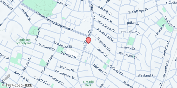 Map showing CWS/Church of God of Galilee at 402 Warren Street, Roxbury, MA