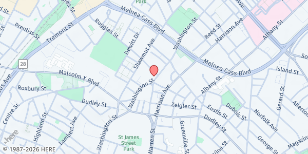 Map showing DTA Nubian Square Transitional Assistance Office (Walk-in) at 2201 Washington Street, Roxbury, MA