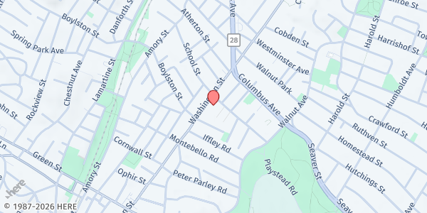 Map showing Egleston YMCA Mobile Pantry - Washington Street at 3134 Washington Street, Roxbury, MA