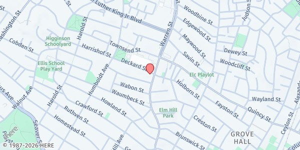 Map showing Emmanuel Temple Church Food Pantry at 471 Warren Street, Roxbury, MA