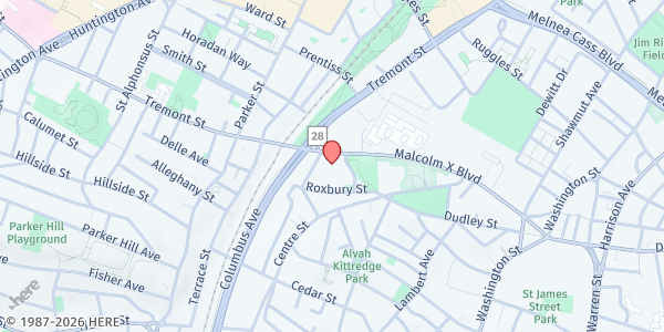 Map showing ISBCC Roxbury @ RCC Parking Lot at 100 Malcolm X Boulevard, Roxbury, MA