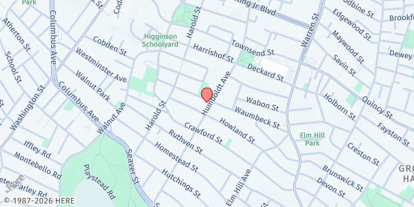 Map showing Pleasant Hill Missionary Baptist Church at 155 Humboldt Avenue, Roxbury, MA