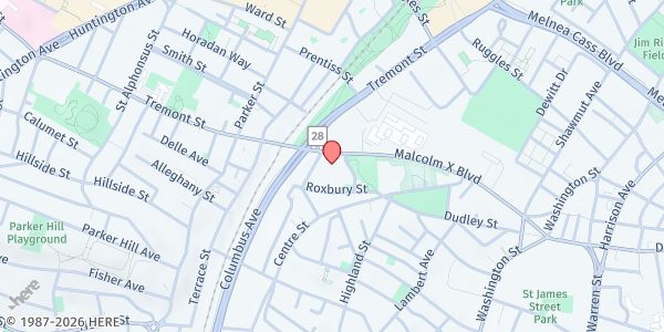 Map showing Roxbury Community College Parking Lot at 100 Malcolm X Boulevard, Roxbury, MA