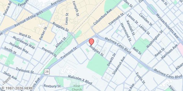 Map showing St. Katherine Drexel Food Pantry @ Ruggles St at 175 Ruggles Street, Roxbury, MA