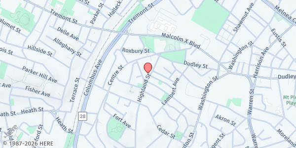 Map showing Timothy Baptist Church at 35 Highland Street, Roxbury, MA