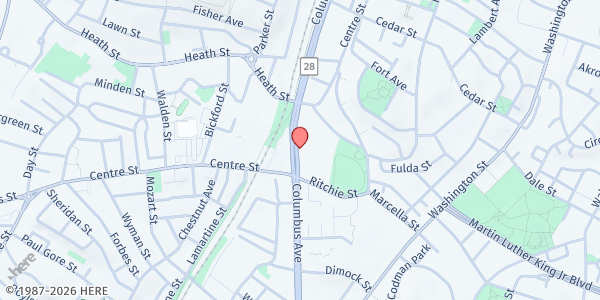 Map showing TRS Office Free Food Distribution Event at 1542 Columbus Avenue, Roxbury, MA