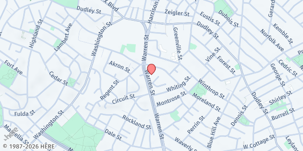 Map showing Twelfth Baptist Church Food Pantry at 168 Warren Street, Roxbury, MA