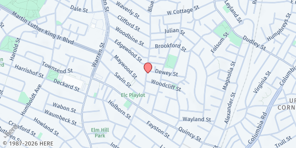 Map showing Walthall Chapel C.O.G.I.C. at 234 Blue Hill Avenue, Roxbury, MA