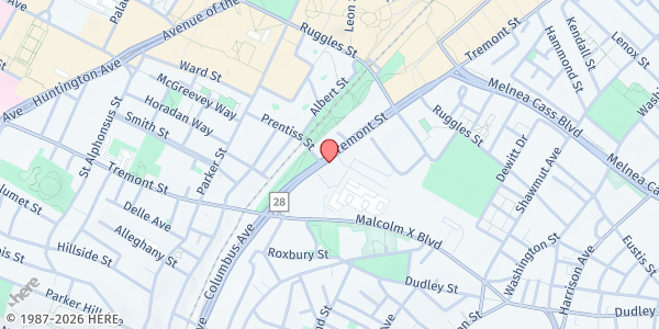 Map showing Whittier Street Health Center at 1290 Tremont Street, Roxbury, MA