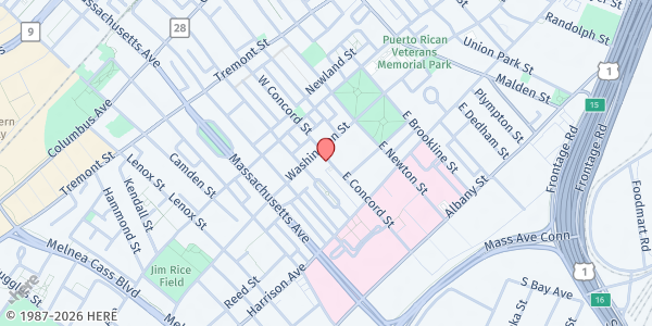 Map showing Ethos Anna Bissonette House Café at 1640 Washington Street, South End, MA