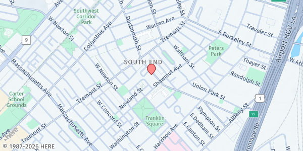 Map showing Ethos Torre Unidad/Unity Tower Café at 80 West Dedham Street, South End, MA