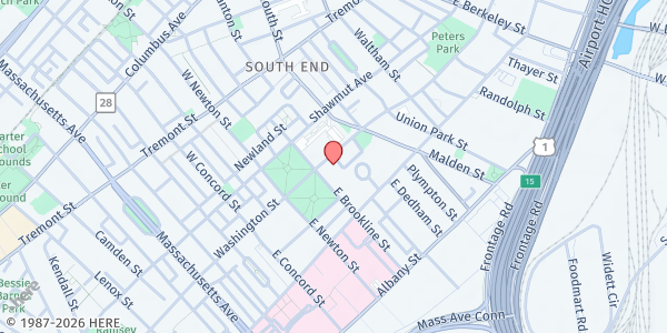 Map showing Salvation Army South End at 1500 Washington Street, South End, MA
