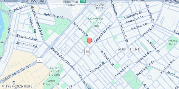Map showing Union United Methodist Church Food Pantry at 485 Columbus Avenue, South End, MA