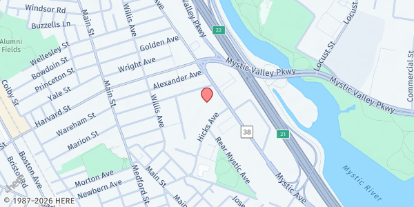 Map showing Mystic Community Market at 291 Mystic Avenue, South Medford, MA