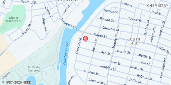 Map showing Healthy Waltham Mobile Pantry - South Side at 5 Cherry Street, South Side, MA