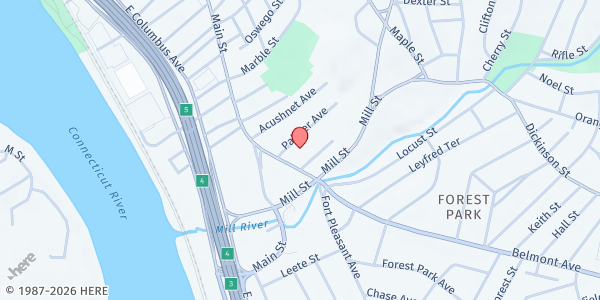 Map showing Casa De Oracion Emmanuel Food Pantry at 111 D Mill St., Springfield, MA