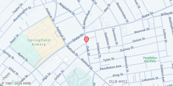 Map showing Dunbar Center Mobile Food Bank at 33 Oak Street, Springfield, MA