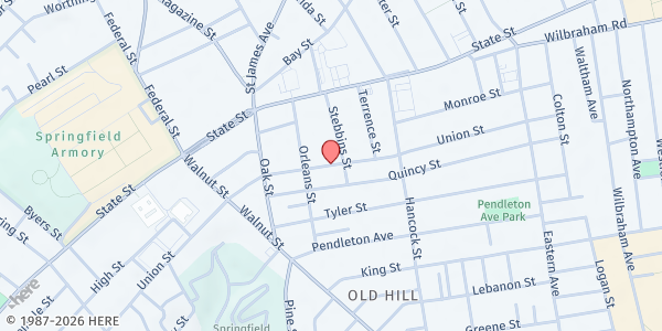 Map showing Freedom House of God Community Lifeline Pantry at 563 Union Street, Springfield, MA