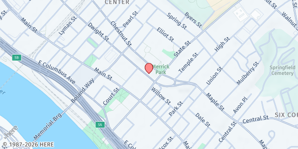 Map showing South Middlesex Opportunity Council Open Pantry Loaves & Fishes Kitchen at 45 Maple St., Springfield, MA