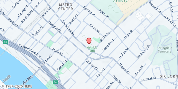 Map showing South Middlesex Opportunity Council Open Pantry Loaves & Fishes Kitchen at 35 Chestnut St., Springfield, MA