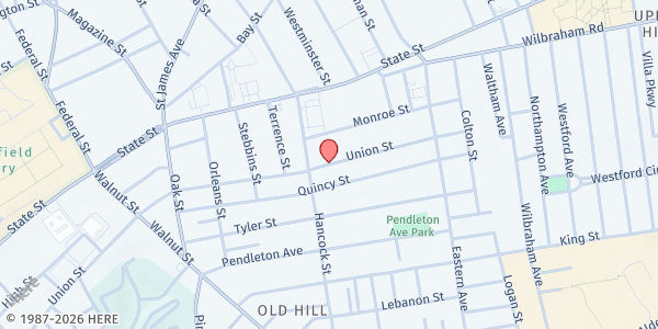 Map showing St. John's Congregational Church Friend's Place Food Pantry at 643 Union Street, Springfield, MA