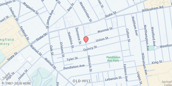 Map showing St. John's Congregational Church Friend's Place Meals at 643 Union Street, Springfield, MA