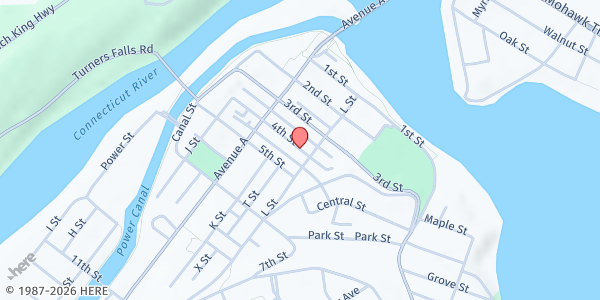 Map showing Franklin Area Survival Center Food Pantry at 96 Fourth St., Turners Falls, MA