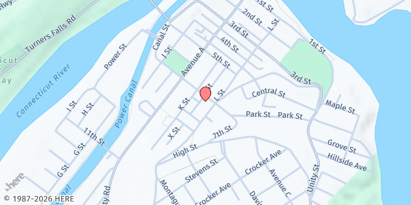 Map showing Franklin County Community Meals Program Turner Falls - Food Distribution Center at 90 7th St, Turners Falls, MA