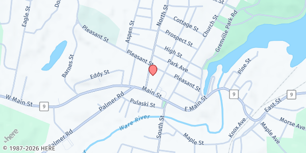 Map showing All Saints and St. Mary's Church Food Pantry at 17 North Street, Ware, MA