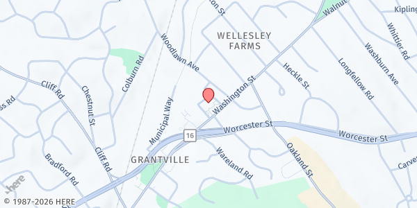 Map showing Wellesley Hills Congregational Church - Food Pantry at 207 Washington Street, Wellesley, MA