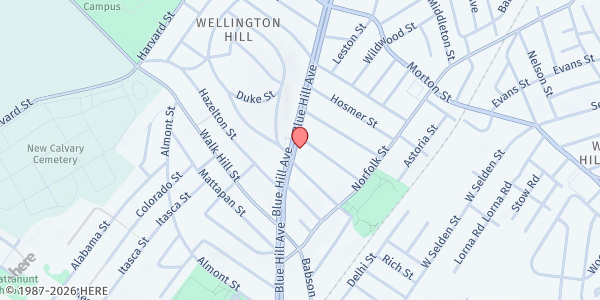 Map showing Mattapan Community Fridge at 1290 Blue Hill Avenue, Wellington Hill, MA