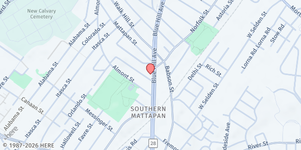 Map showing YMCA Boston - New Global Harvest Church at 1421 Blue Hill Avenue, Wellington Hill, MA
