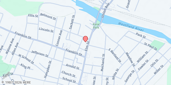 Map showing St. Vincent de Paul Society Westfield Food Pantry at 86 Mechanic Street, Westfield, MA