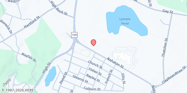 Map showing Westwood Food Pantry at 60 Nahatan Street, Westwood, MA