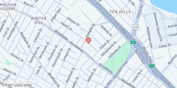 Map showing Somerville Community Fridge (Winter Hill) at 36 Sewall Street, Winter Hill, MA