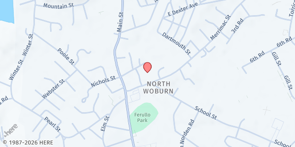 Map showing Woburn Council of Social Concern - Main Office at 2 Merrimac Street, Woburn, MA