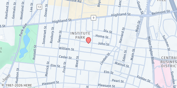 Map showing John Street Baptist Church at 43 John Street, Worcester, MA