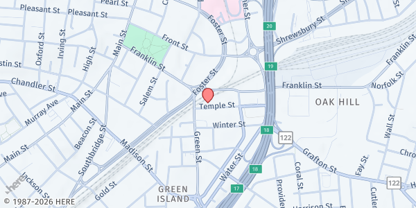 Map showing St. John's Food for the Poor Program at 20 Temple St, Worcester, MA