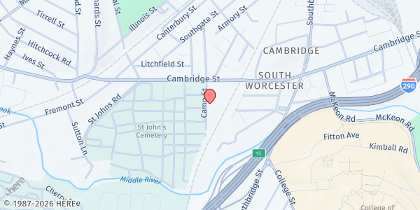 Map showing SWINC Food Pantry at 47 Camp St, Worcester, MA