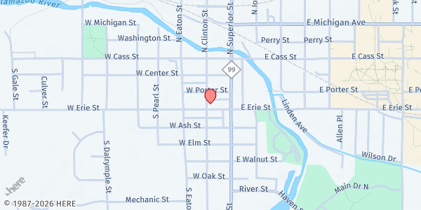 Map showing Albion Interfaith Ministries - Food Pantry at 114 W Erie St, Albion, MI