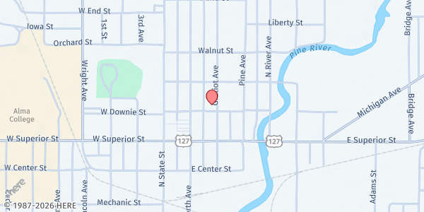 Map showing Alma United Methodist Church at 501 Gratiot Ave, Alma, MI
