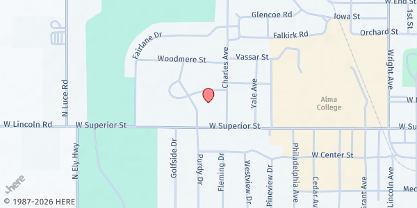 Map showing First Presbyterian Church of Alma at 495 Charles Ave, Alma, MI
