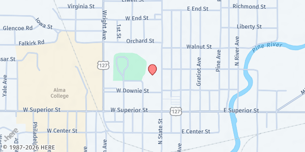 Map showing United Way of Gratiot & Isabella Counties - Alma Office at 525 N State St #1, Alma, MI