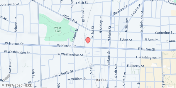 Map showing Robert J. Delonis Center at 312 W Huron St, Ann Arbor, MI